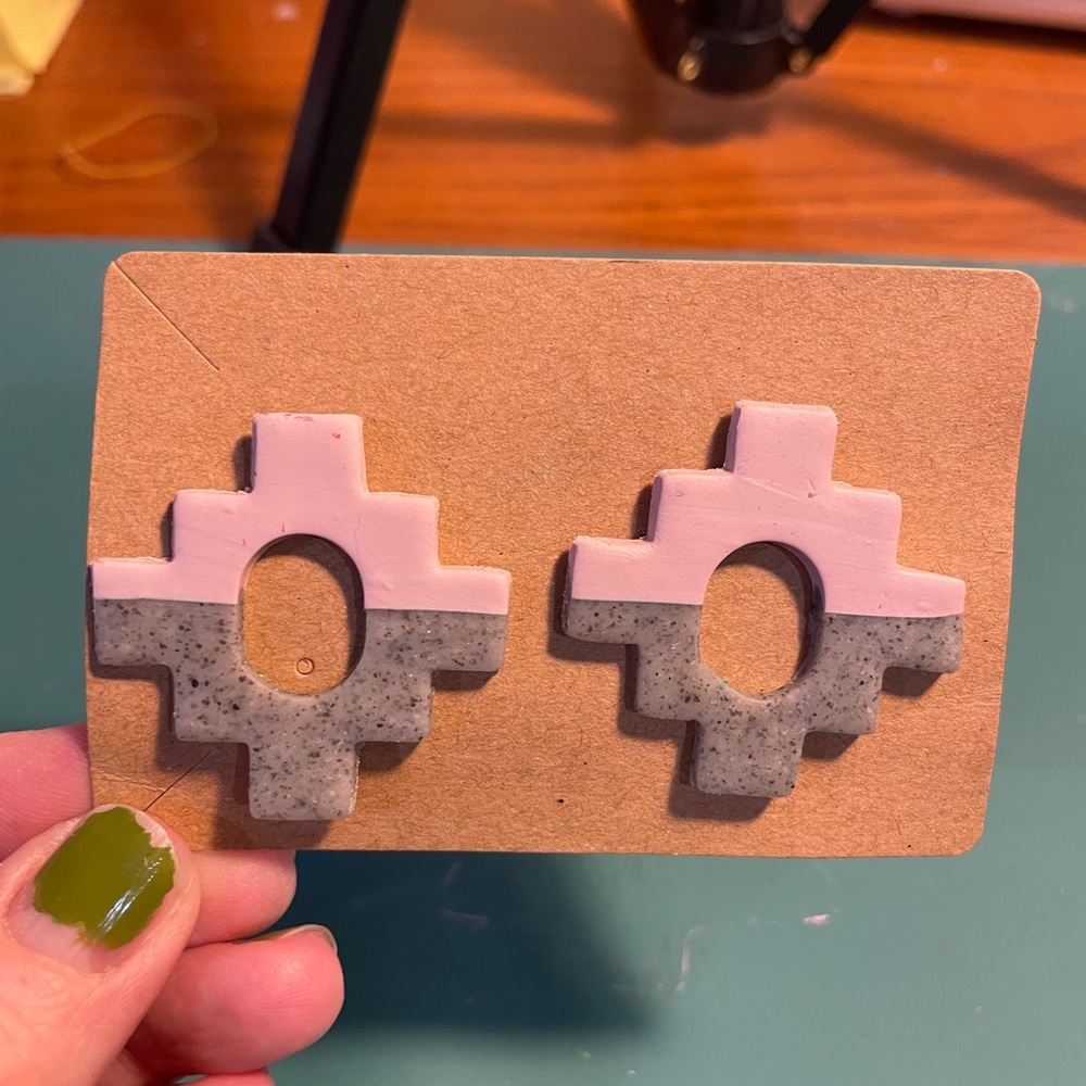 Geometric Two-Tone Pink and Speckled Gray Statement Earrings